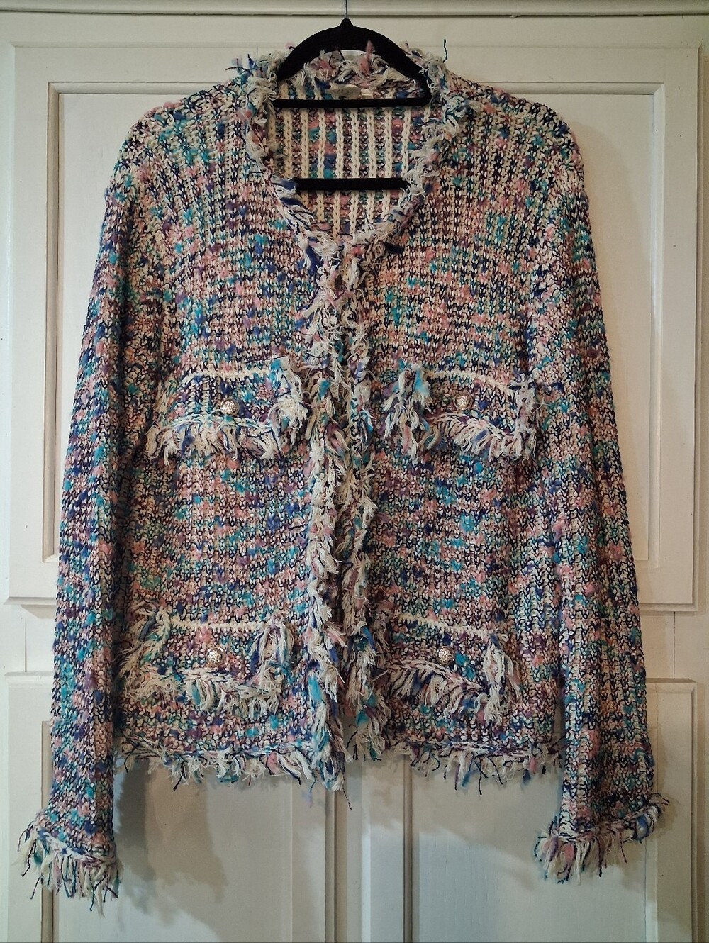 R Fashion Apparel knit cardigan, textured multicolor woven fringe S